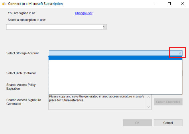 “连接到 Microsoft 订阅”对话框的屏幕截图。“选择存储帐户”列表框上的向下箭头突出显示。