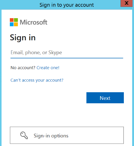 “登录到帐户”对话框的屏幕截图。Microsoft 徽标、登录框和其他 UI 元素均可见。