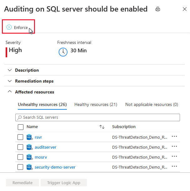Recommendation page with Enforce button highlighted.