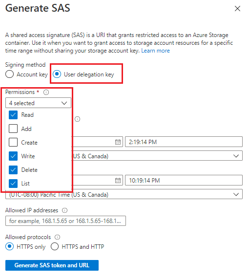 显示 Azure 门户中的 SAS 权限字段的屏幕截图。