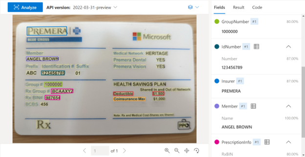 在 Document Intelligence Studio 中处理的医疗保险卡样本的屏幕截图。