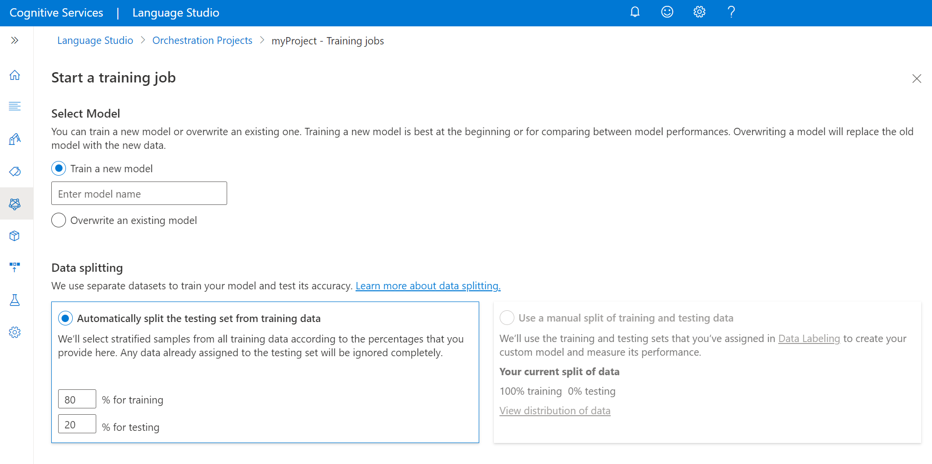 A screenshot showing the train model page for conversational language understanding projects.