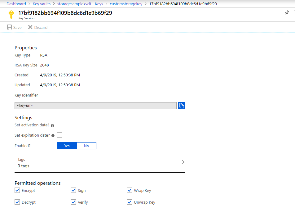 密钥版本的 Azure 门户页的屏幕截图。“密钥标识符”框包含密钥 URI 的占位符。