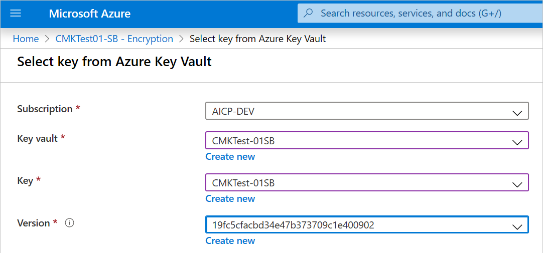 Azure 门户中“从 Azure 密钥保管库中选择密钥”页的屏幕截图。“订阅”、“密钥保管库”、“密钥”和“版本”框包含值。