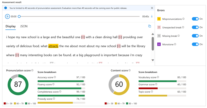 Screenshot of showing the assessment result on the display window, which includes transcript and feedback on your speech.