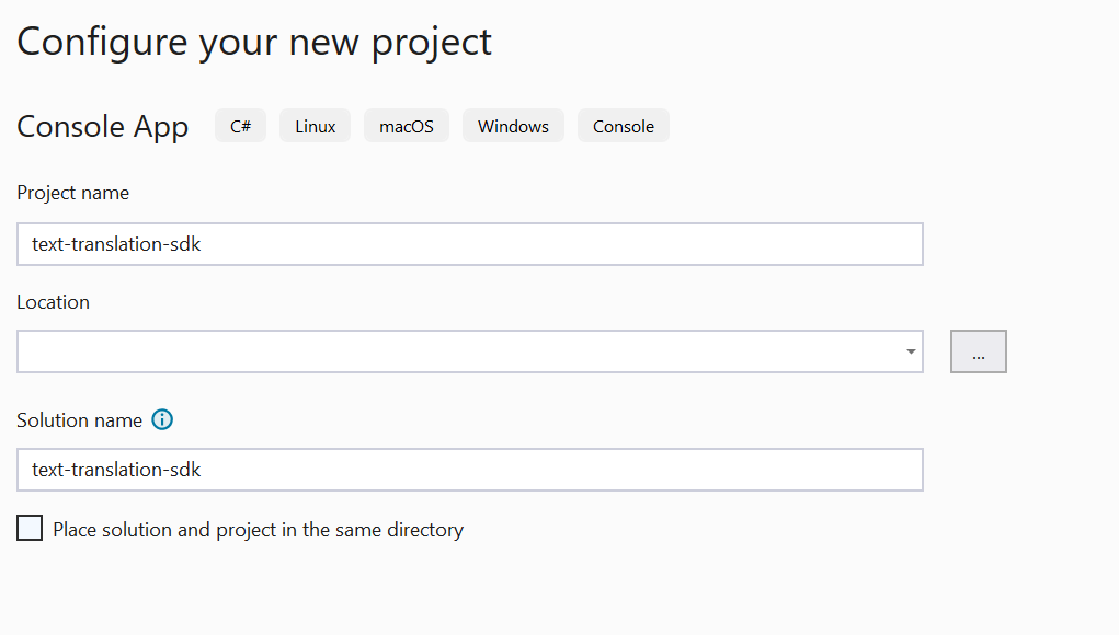 屏幕截图：Visual Studio 的“配置新项目”对话框窗口。