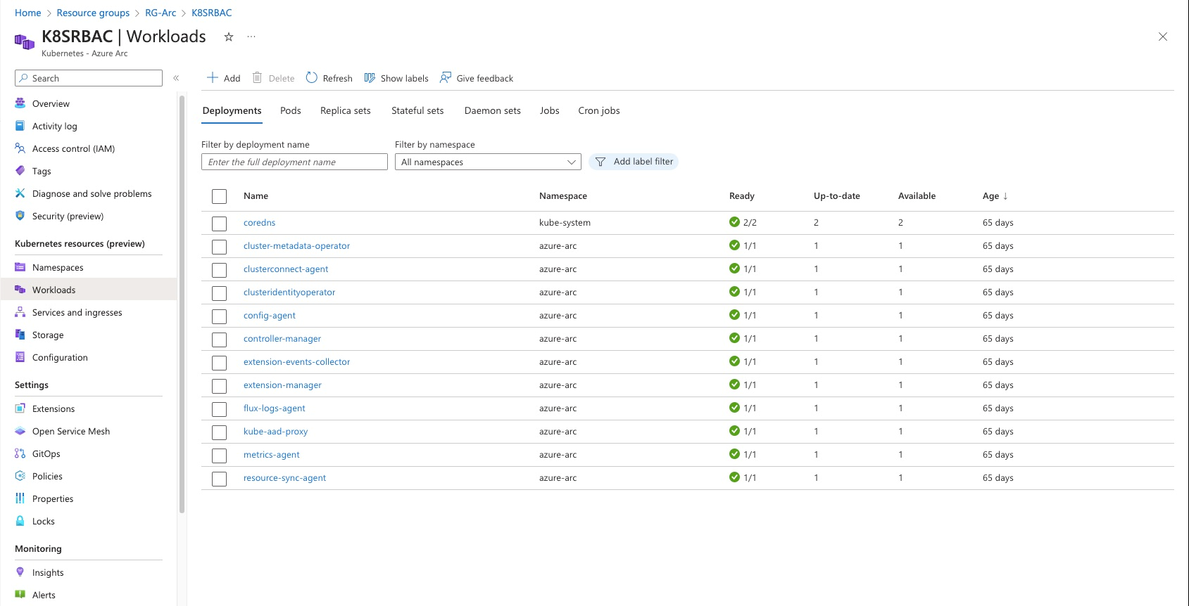 Azure 门户中 Kubernetes 工作负载信息的屏幕截图。