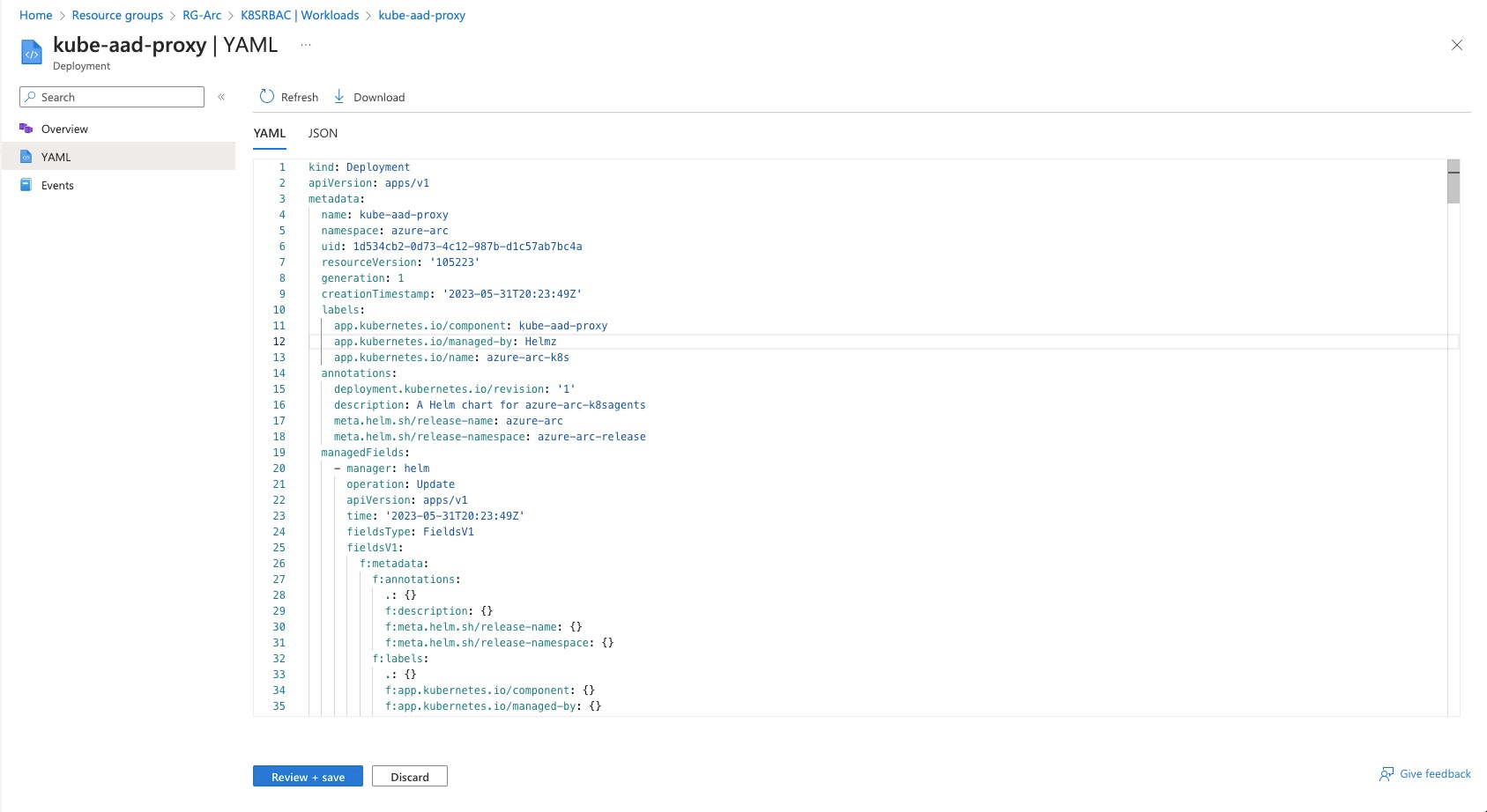 屏幕截图显示了适用于 Azure 门户中显示的 Kubernetes 对象的 YAML 编辑器。
