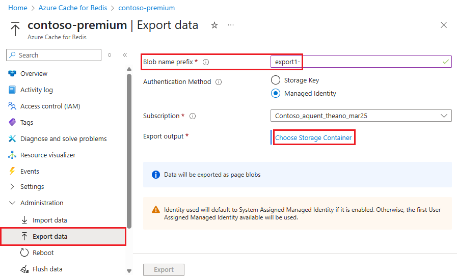 显示“导出数据”和“选择存储容器”的屏幕截图。