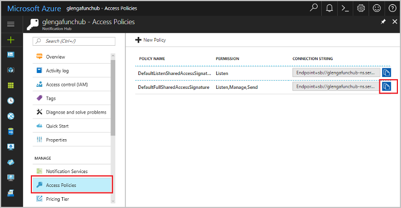 显示如何复制通知中心连接字符串的屏幕截图。