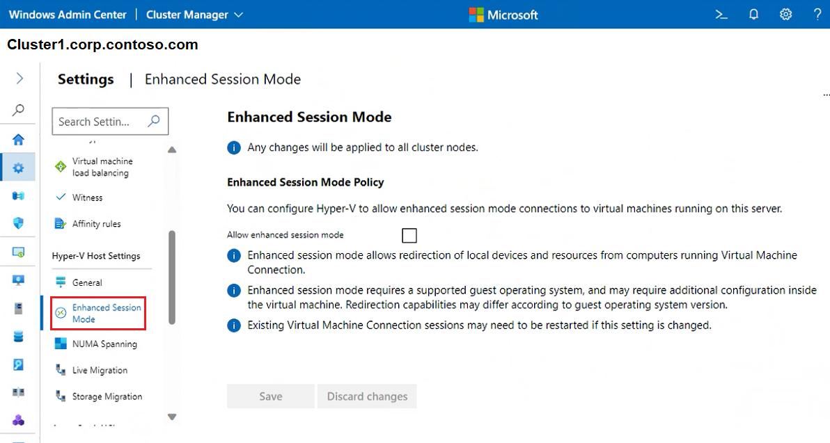 群集“Hyper-V 增强会话模式”屏幕的屏幕截图。