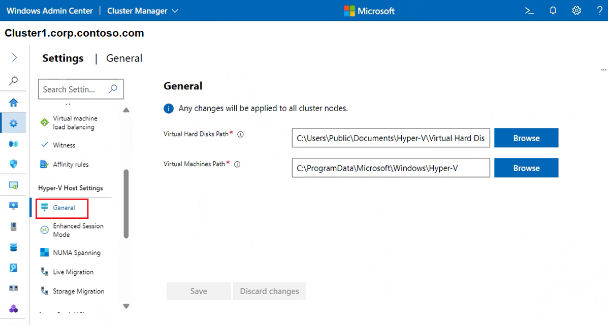 群集“Hyper-V 常规设置”屏幕的屏幕截图。