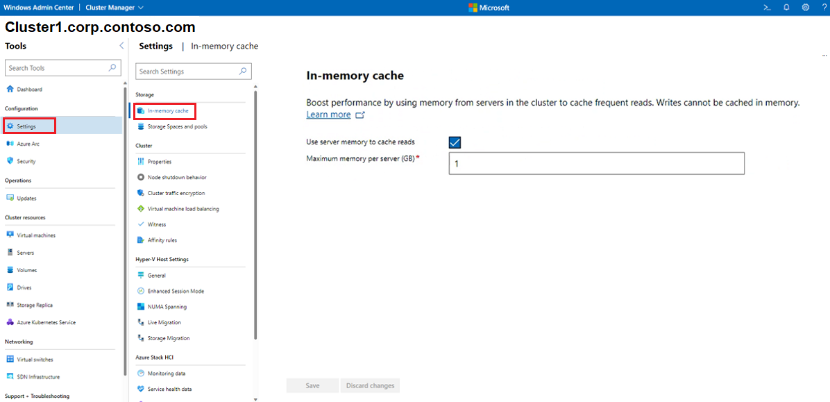 群集“内存中缓存”屏幕的屏幕截图。