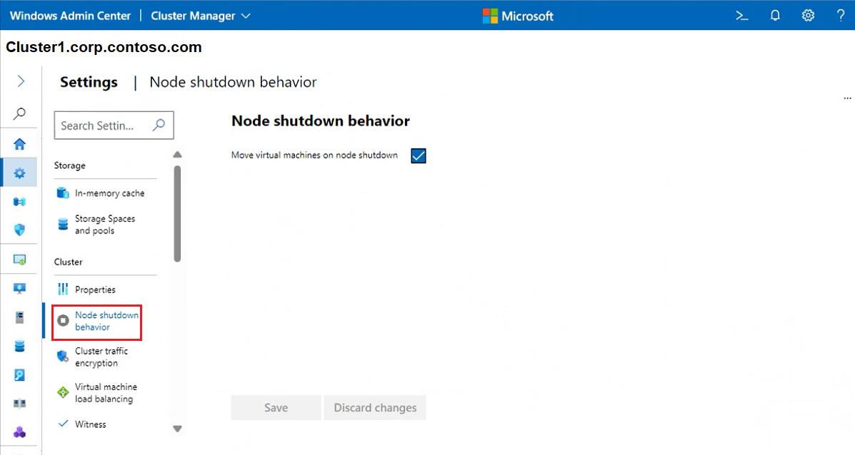 群集“节点关闭行为”屏幕的屏幕截图。
