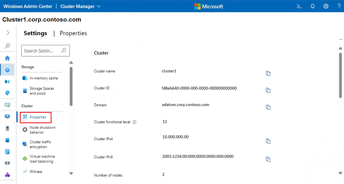 群集“属性”屏幕的屏幕截图。