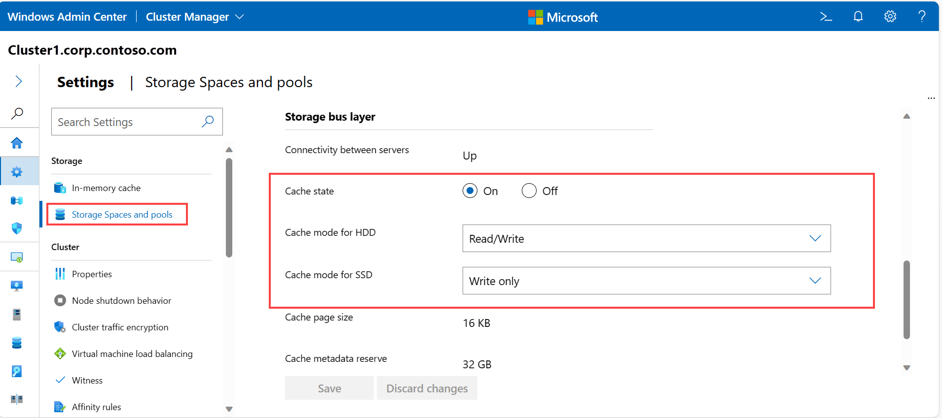 群集“存储空间和池”页面的屏幕截图,其中显示了“存储总线层”部分。