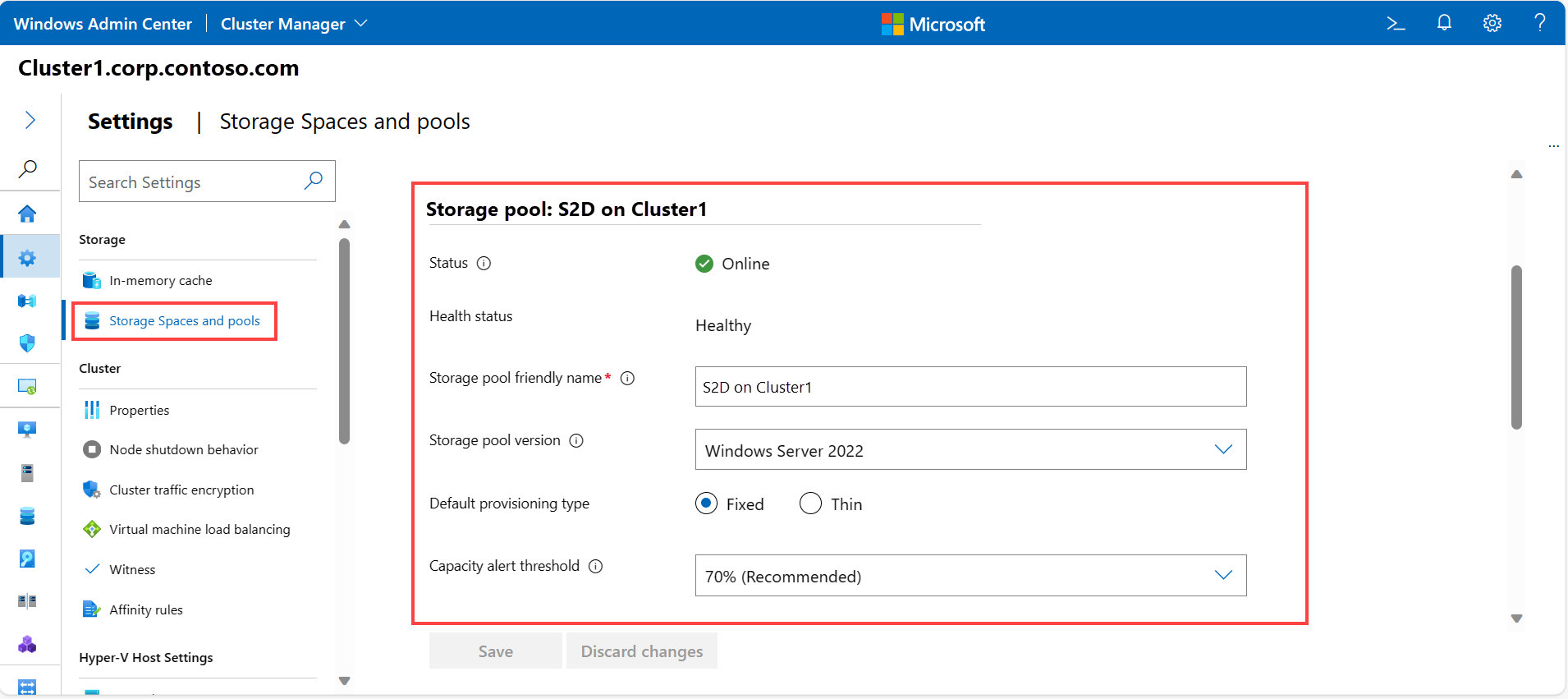 群集“存储空间和池”页面的屏幕截图,其中显示了“存储池”部分。