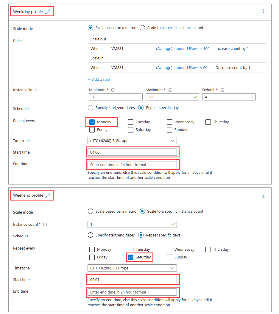 屏幕截图显示两个自动缩放配置文件,一个是默认配置文件,一个用于周末。