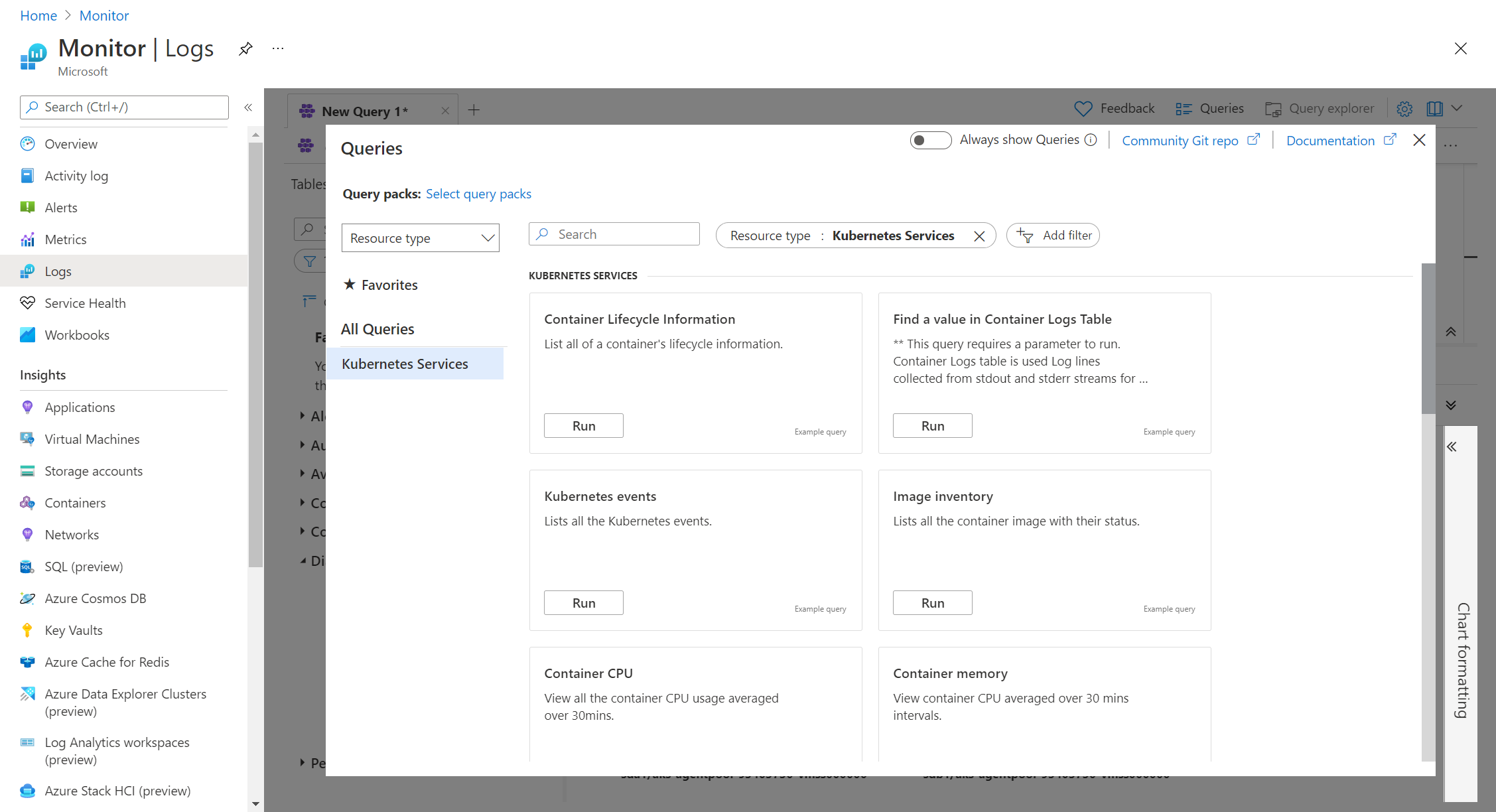 显示针对 Kubernetes 的 Log Analytics 查询的屏幕截图。