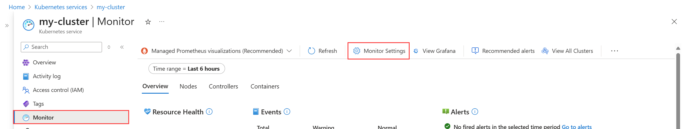 现有 AKS 群集的“监视”选项卡的屏幕截图。