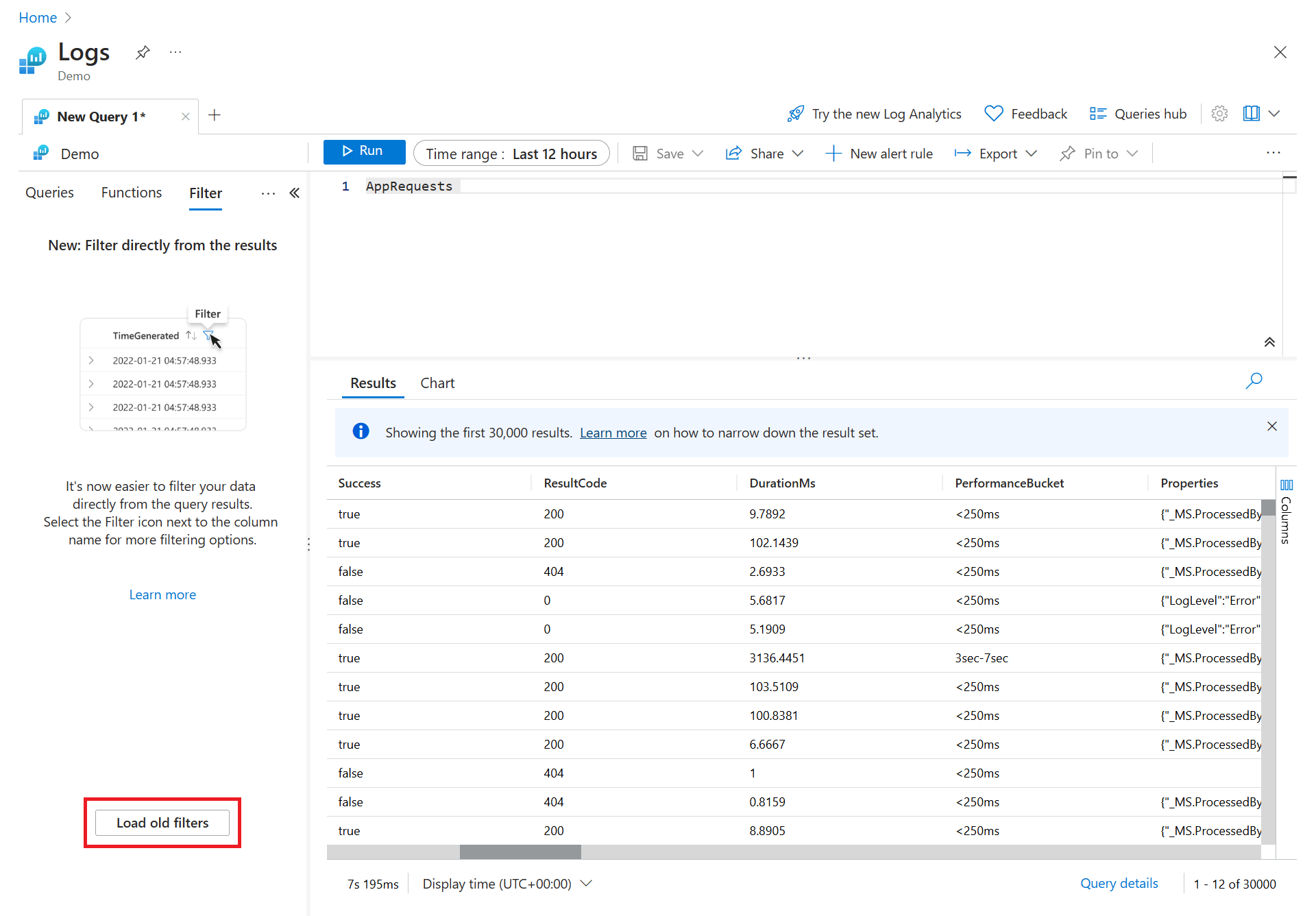 显示“查询”选项卡的屏幕截图,其中包含用于加载旧筛选器的选项。