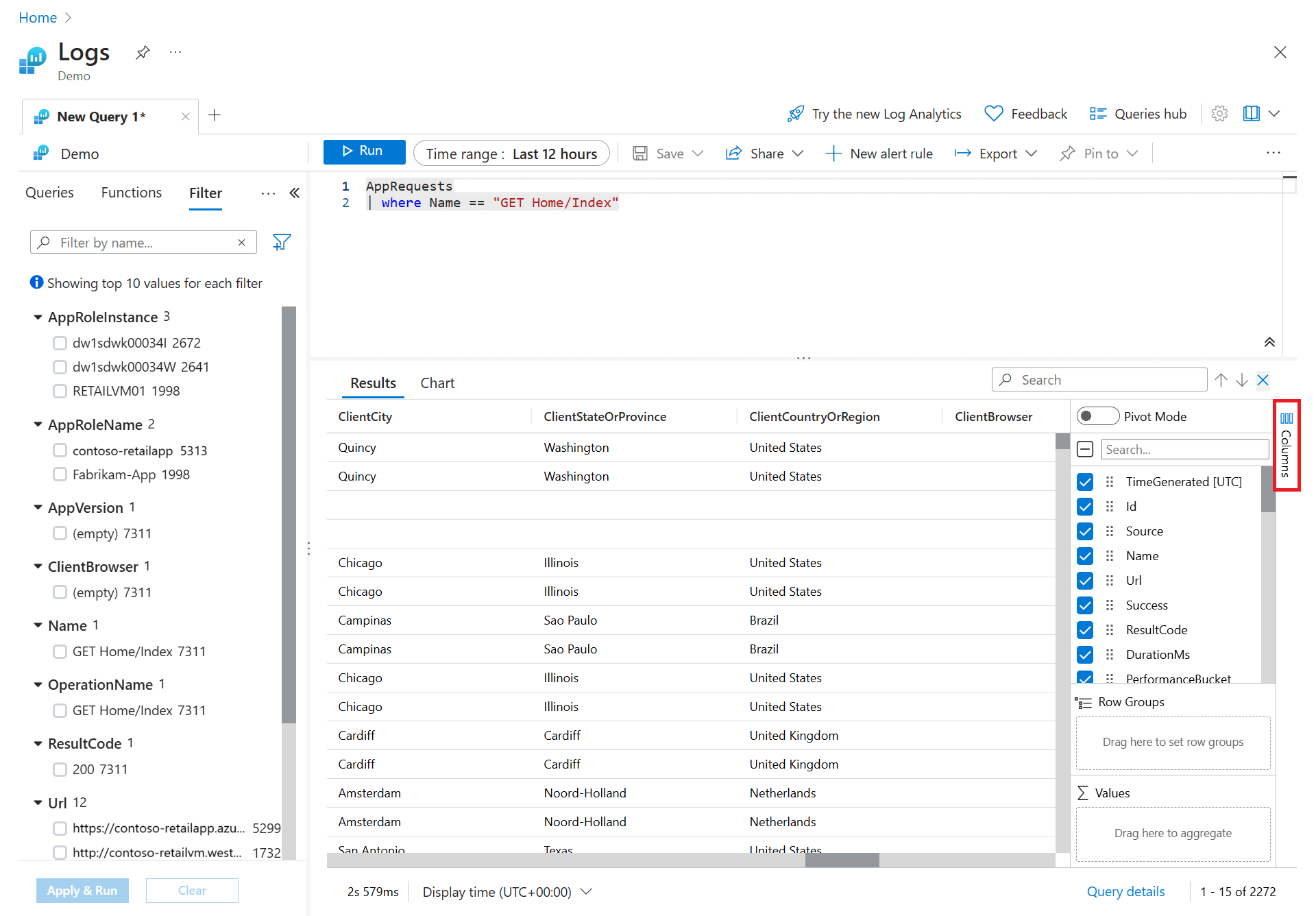这是一张屏幕截图,显示了结果窗格右侧的“列”链接,您可以选择此链接以打开列侧栏。