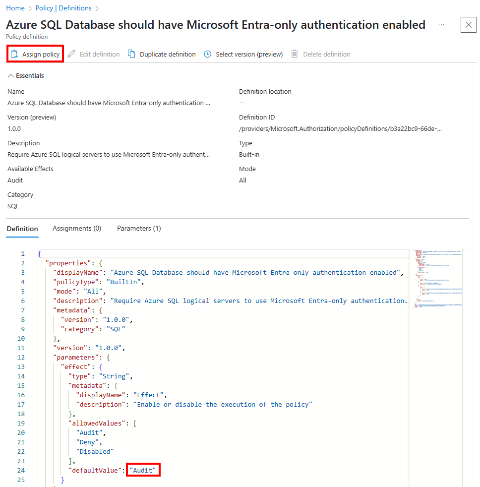 为 Microsoft Entra 仅限身份验证分配 Azure 策略的屏幕截图。
