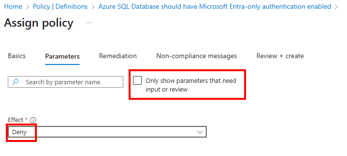 用于 Microsoft Entra 仅限认证的 Azure Policy 效果参数的屏幕截图。