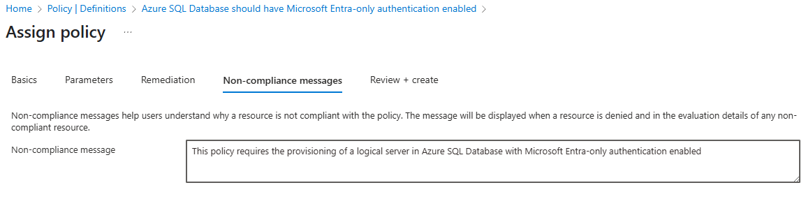 Microsoft Entra 仅限身份验证的 Azure Policy 不合规消息的截图。