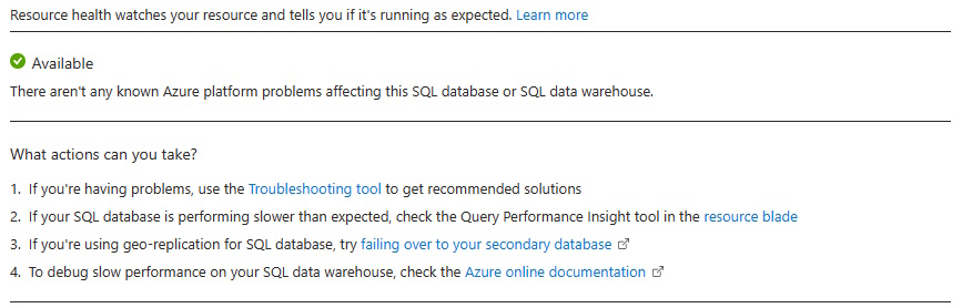 Azure 门户的屏幕截图,其中显示了“可用”的状态消息。