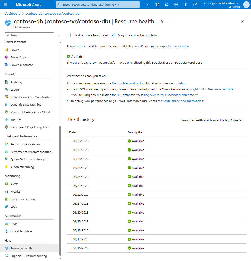 Azure 门户的屏幕截图,其中显示了 Azure SQL 数据库的资源运行状况页。
