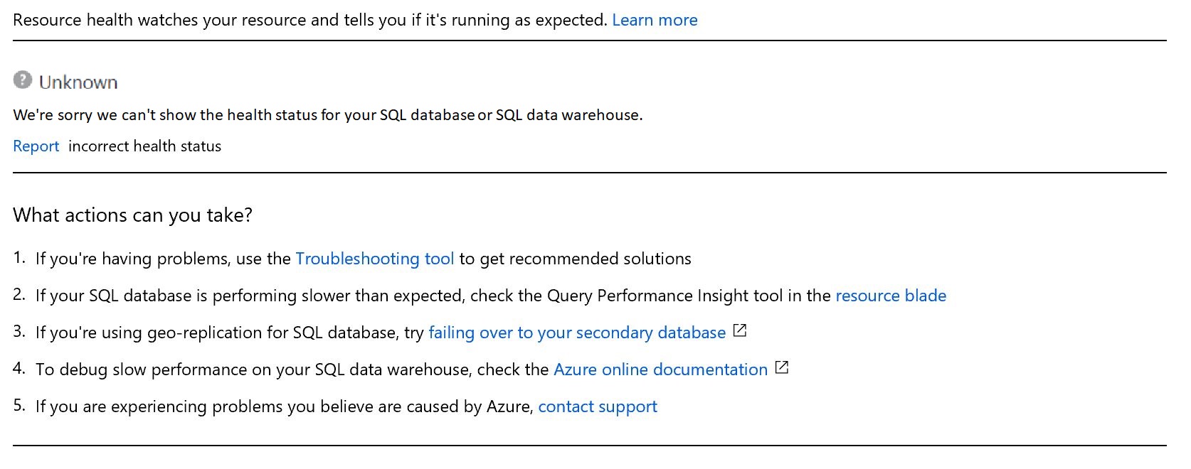 Azure 门户的屏幕截图,其中显示了“未知”的状态消息。