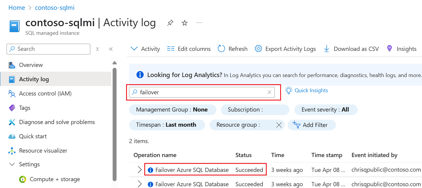 Azure 门户中 SQL 托管实例的活动日志的屏幕截图,其中突出显示了一个故障转移操作。