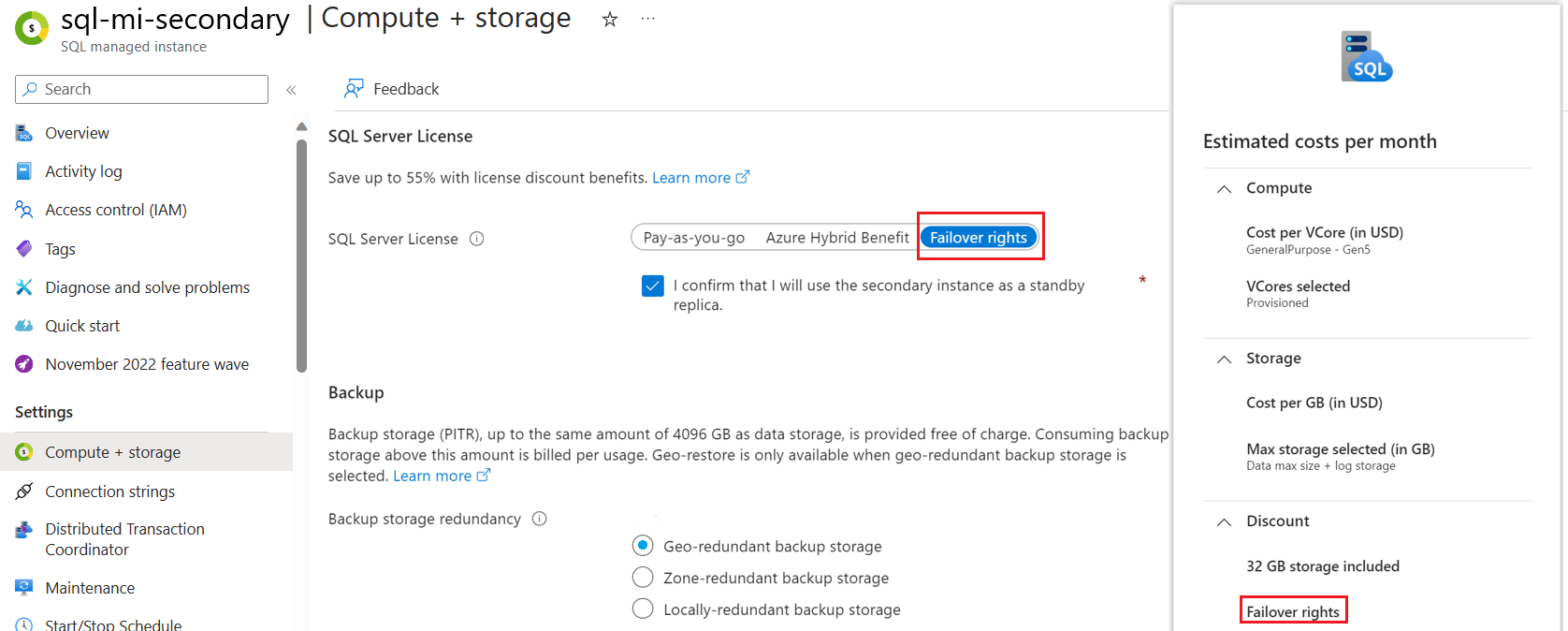 显示“计算和存储”页的屏幕截图,其中突出显示了故障转移权限。