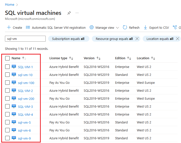 Azure 门户 SQL 虚拟机资源页的屏幕截图，其中选择了 VM。