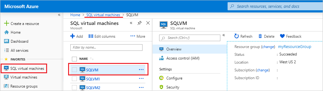 访问 Azure 门户中的 SQL 虚拟机资源的屏幕截图。