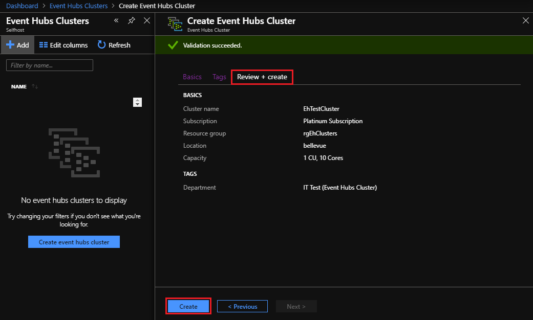 Create Event Hub cluster - review + create