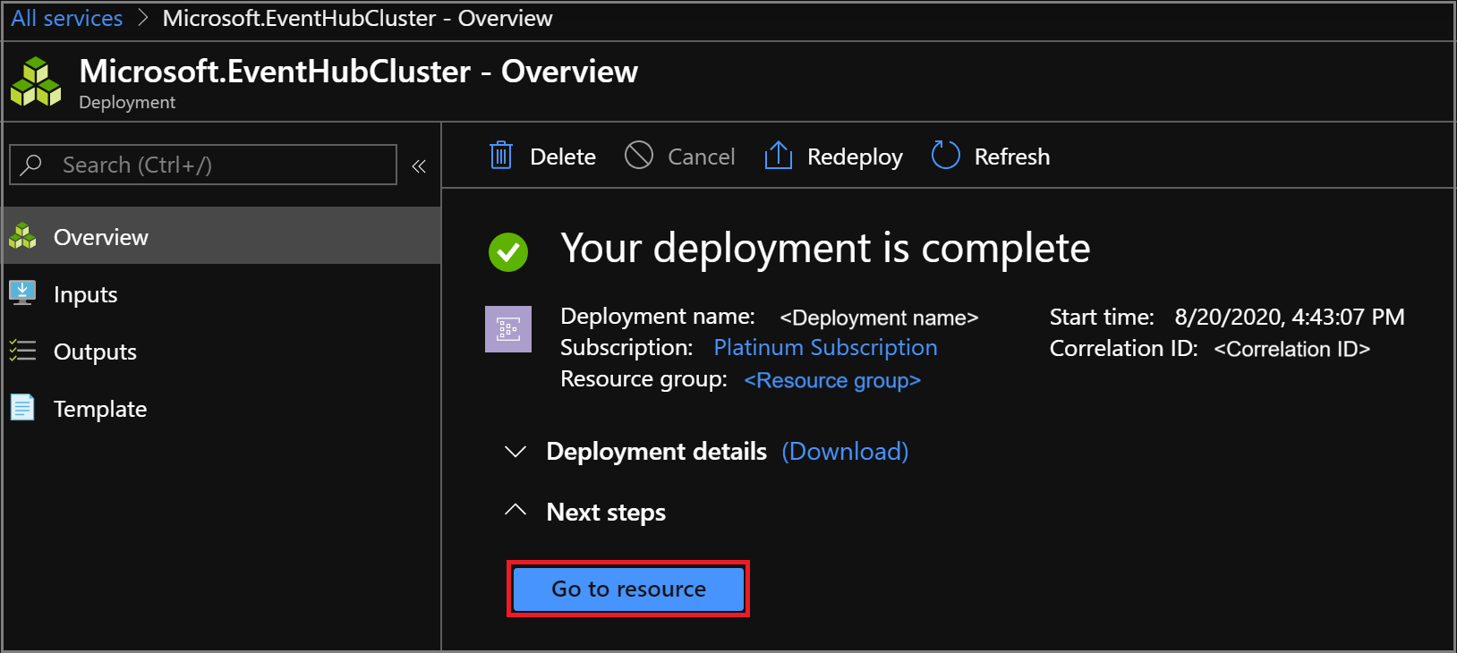 Create Event Hub cluster - deployment complete