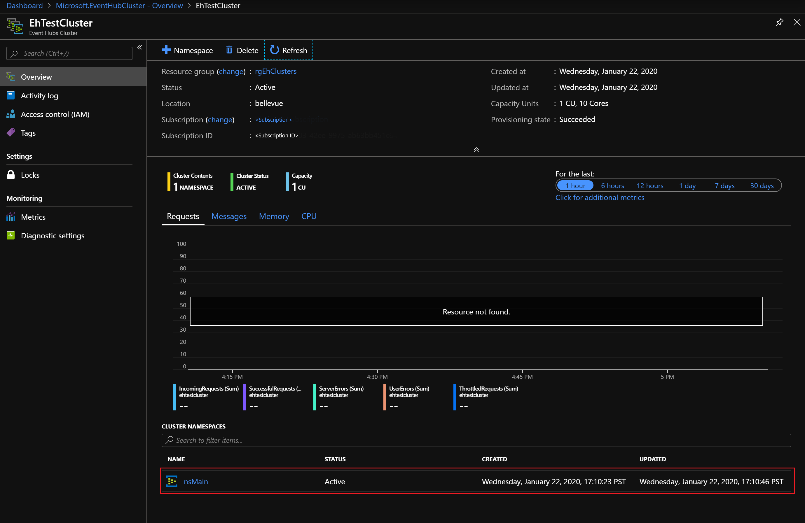 Event Hubs Clusters - view namespace