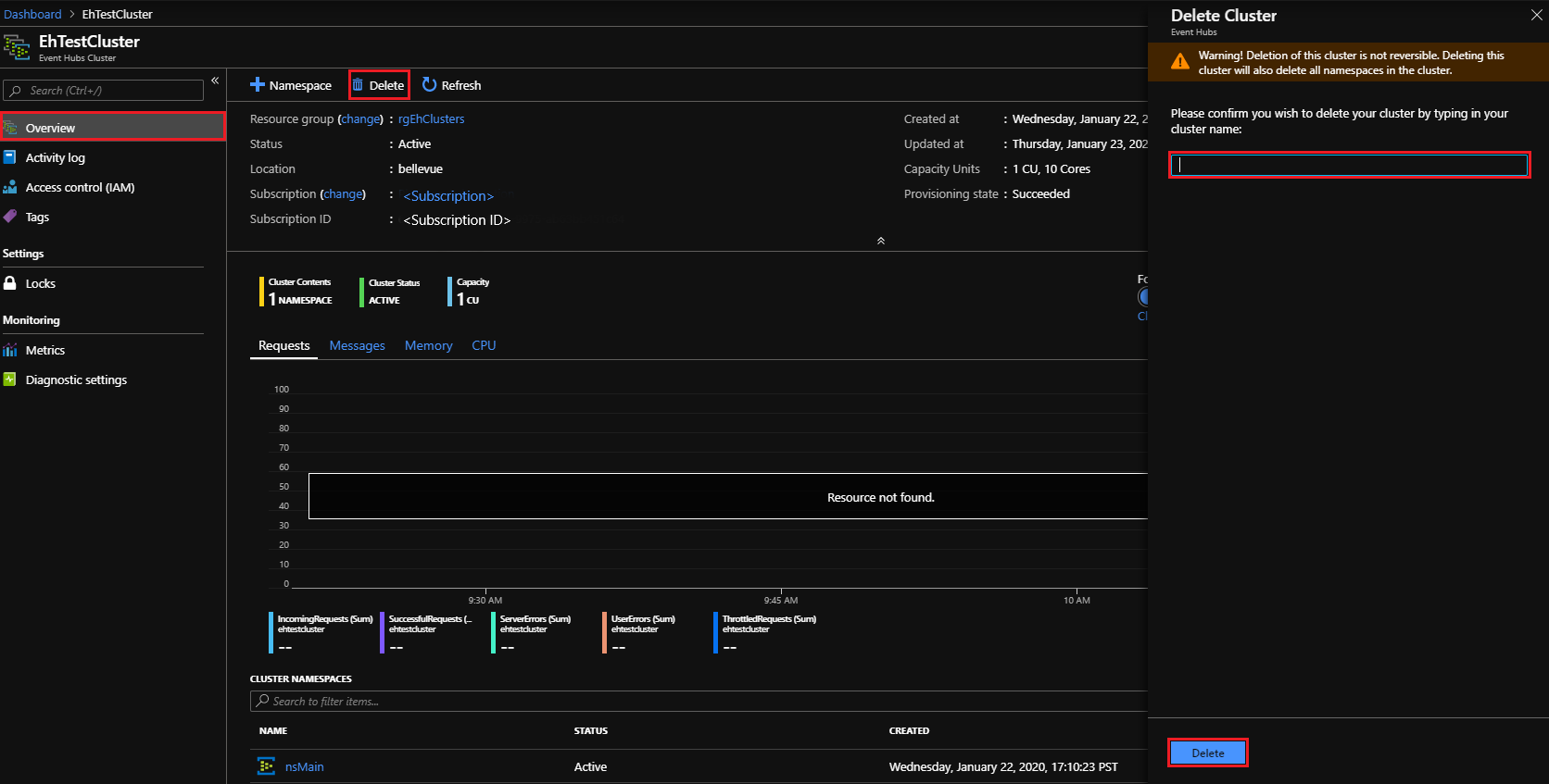 Event Hubs Clusters - delete cluster