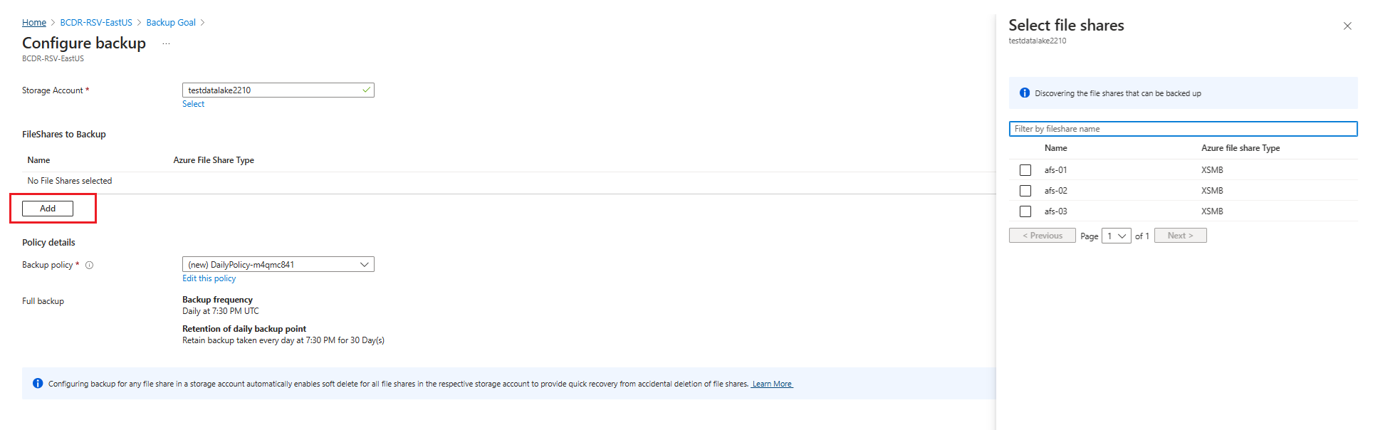 显示选择要备份的文件共享的屏幕截图。