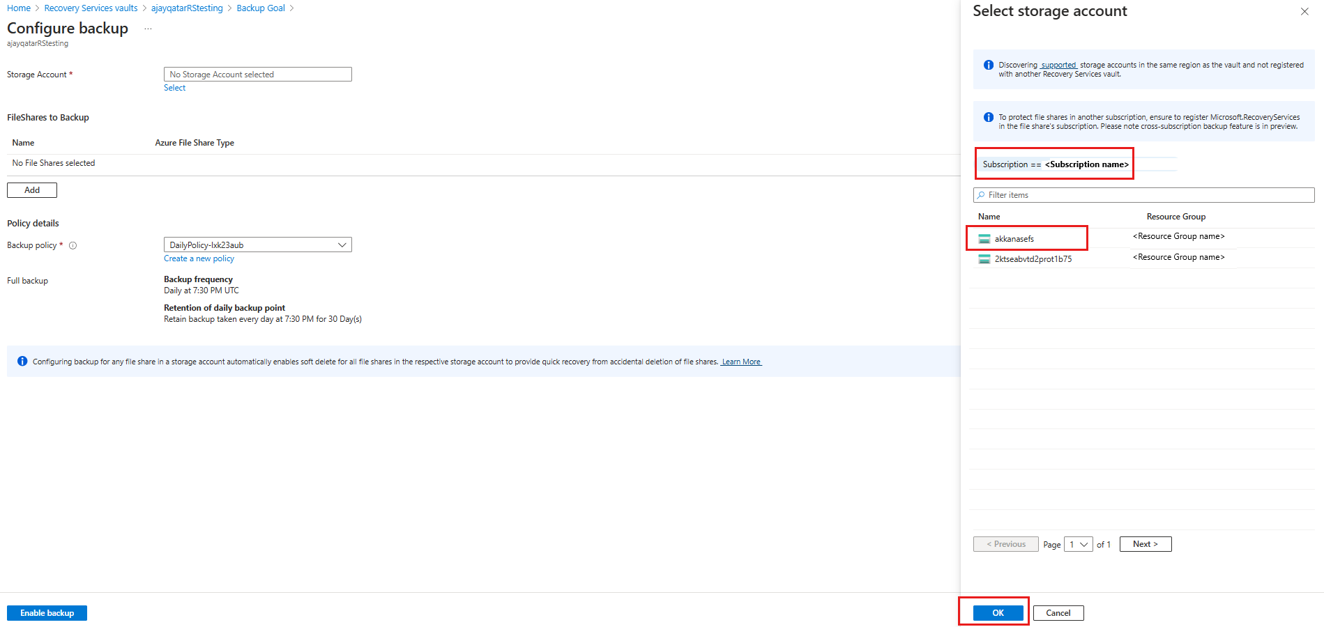 此屏幕截图显示如何选择一个已发现的存储帐户。