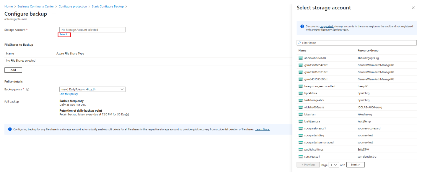 此屏幕截图显示如何选择存储帐户。