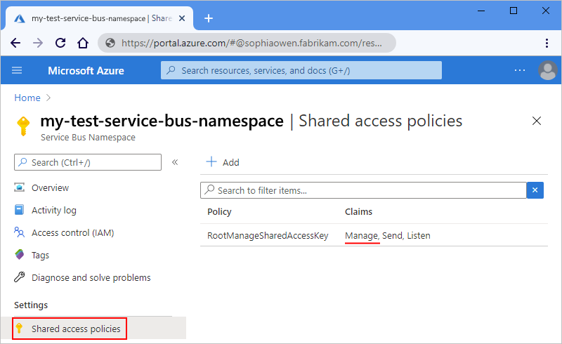 显示 Azure 门户中服务总线命名空间的屏幕截图，其中选择了“共享访问策略”。