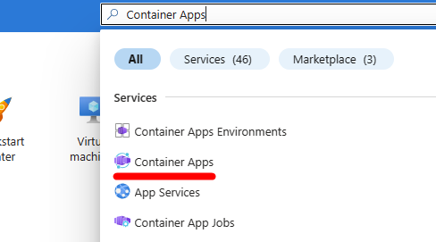 Azure 门户搜索栏的屏幕截图,其中显示了“容器应用”作为结果之一。
