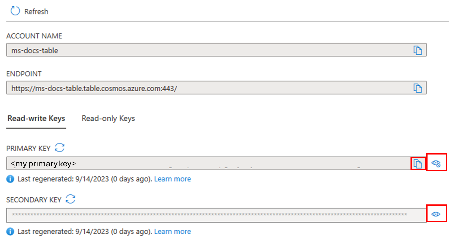 Azure Cosmos DB 的“查看帐户密钥”的屏幕截图。