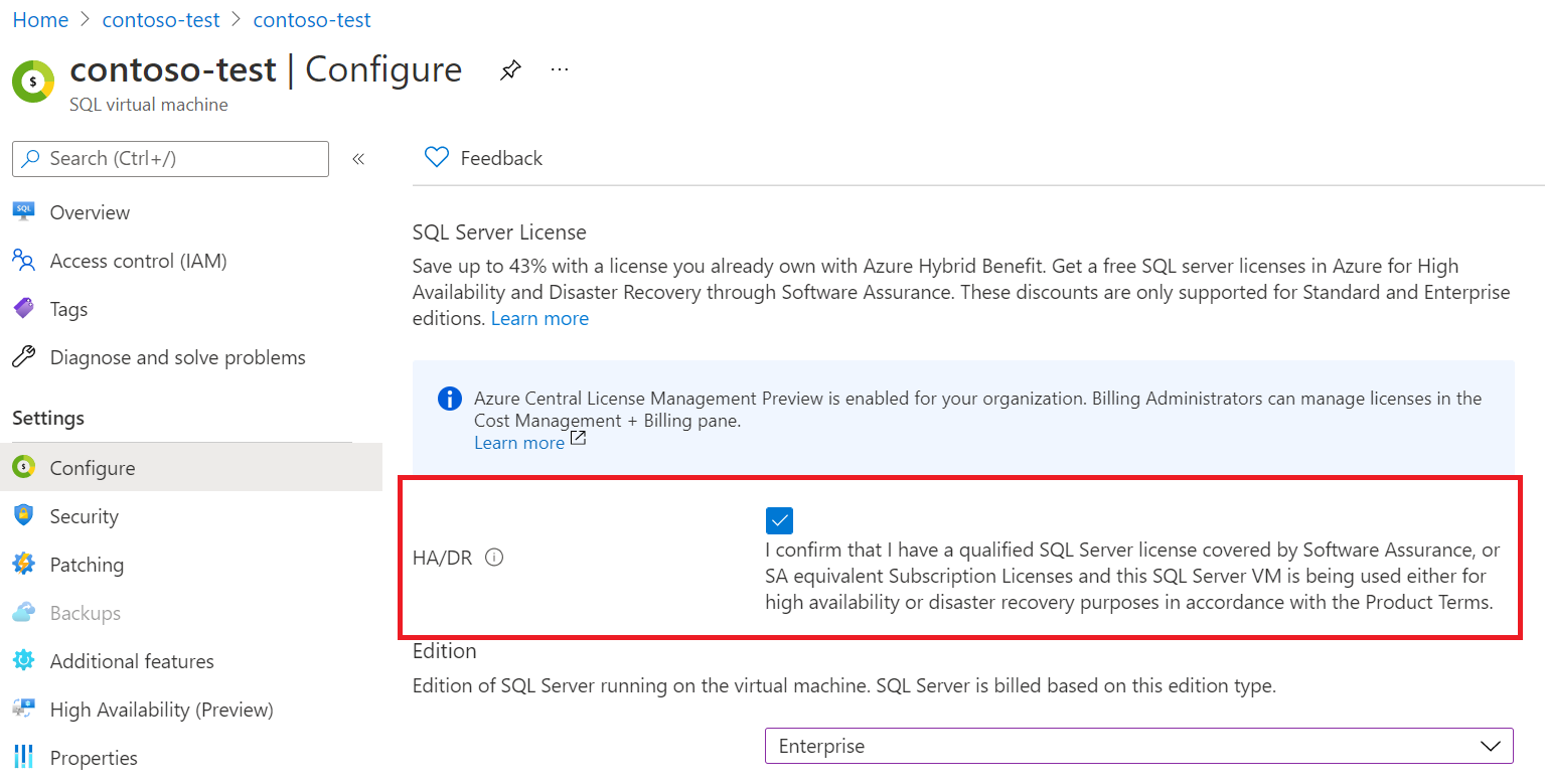 显示 SQL 虚拟机配置中的 HADR 选项的屏幕截图。