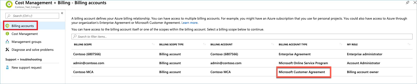 屏幕截图显示“计费帐户”页上的 Microsoft 客户协议类型。