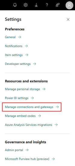 Screenshot of the Settings pane in the Power BI service. The option titled Manage connections and gateways is highlighted.