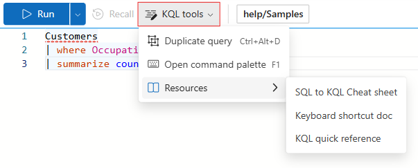 Web UI 工具栏中“KQL 工具”选项的屏幕截图。